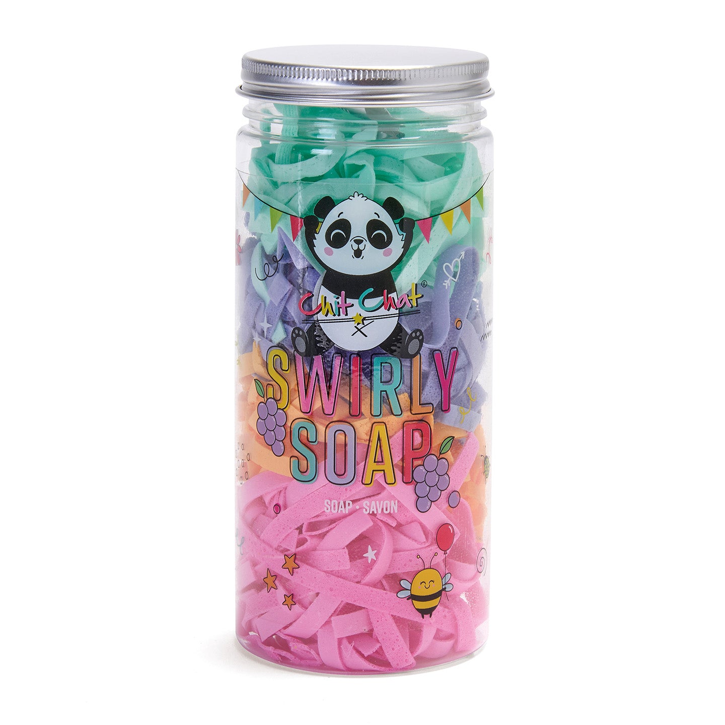 Jar of swirly soap with colorful design and panda character on a white background