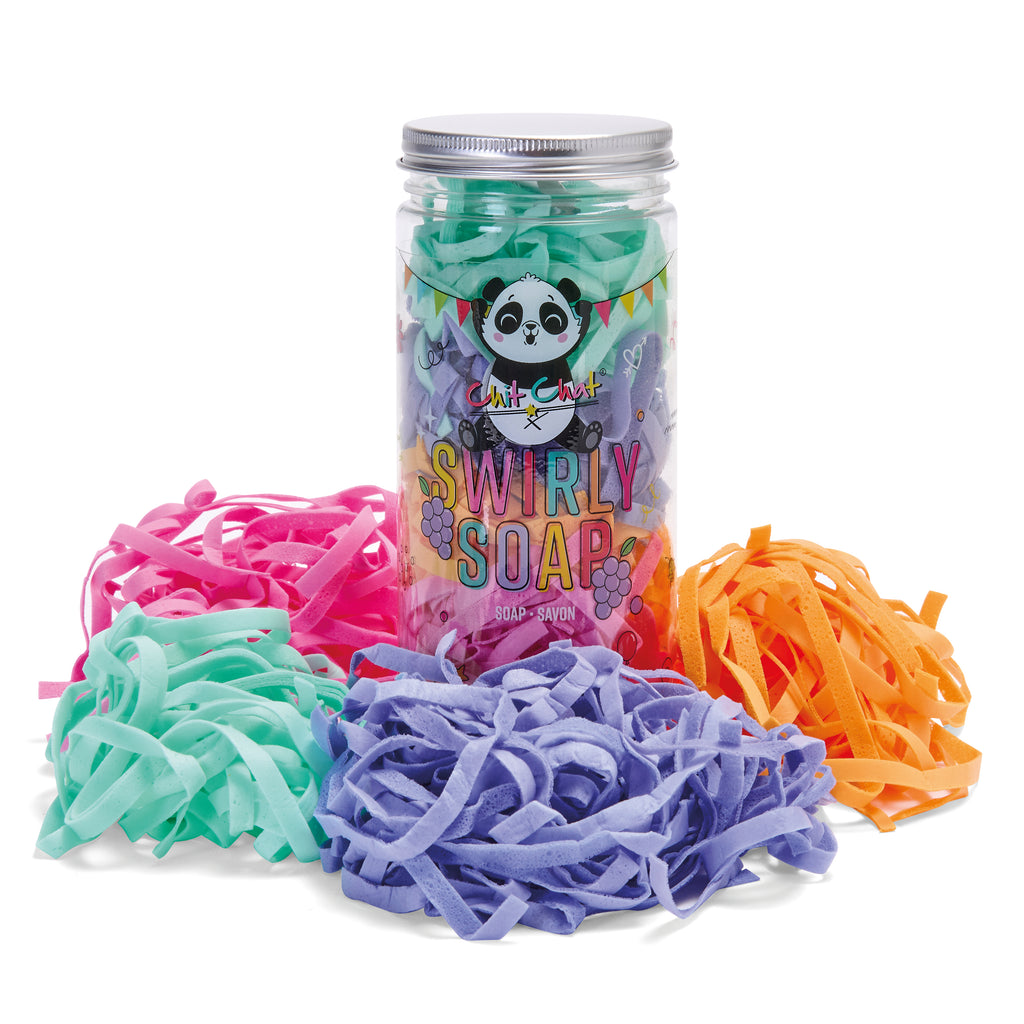 Jar of swirly soap with colorful swirls on a white background