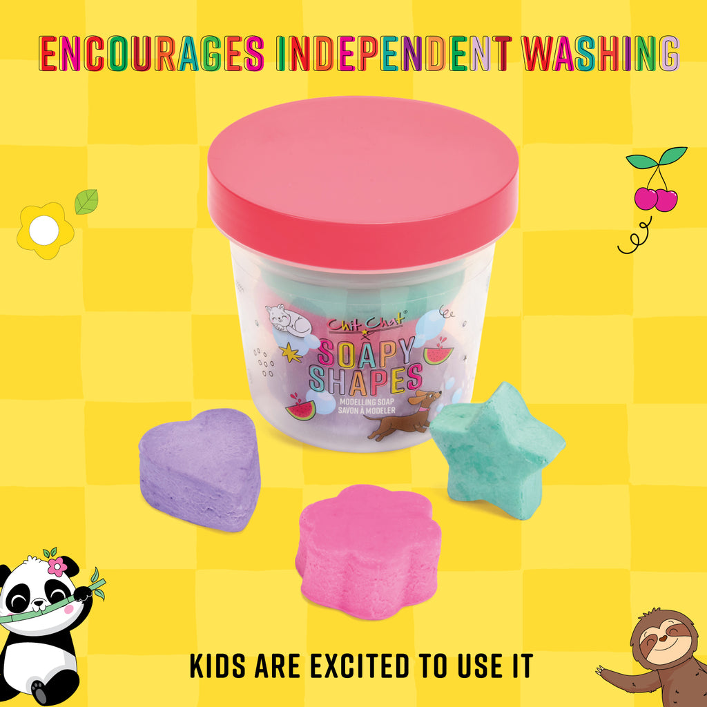 Container of 'Soapy Shapes' with colorful shapes on a yellow background, featuring text about encouraging independent washing.