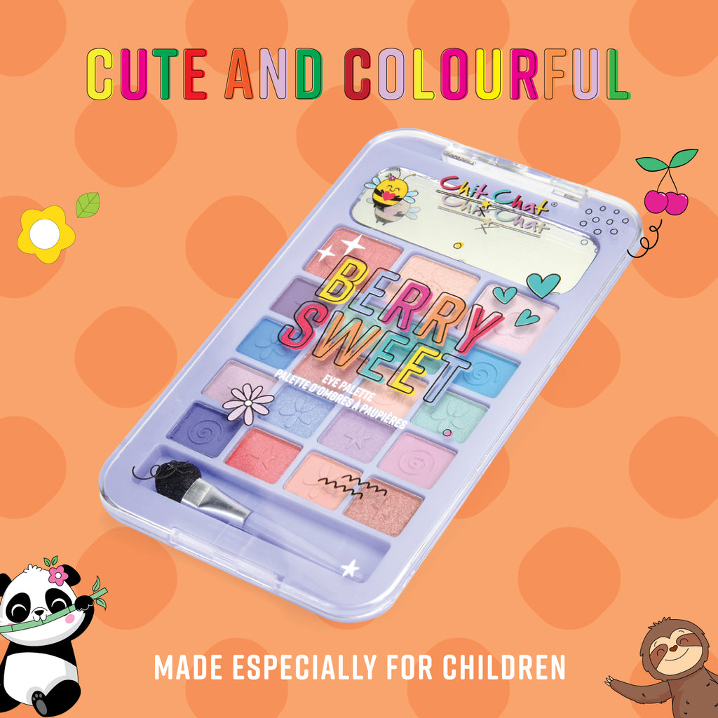 Children's makeup set with 'Berry Sweet' text on an orange polka dot background