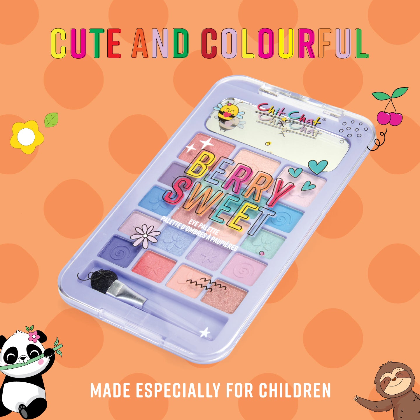 Children's makeup set with 'Berry Sweet' text on an orange polka dot background