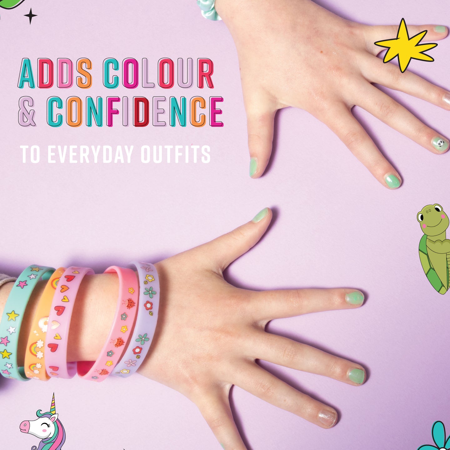 Hands wearing colorful bracelets with text 'Adds colour & confidence to everyday outfits' on a pink background.
