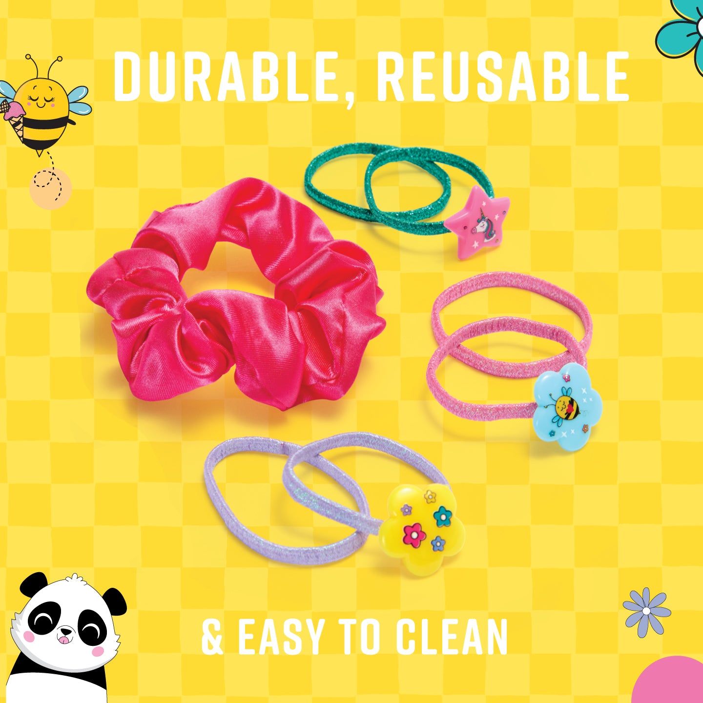 Hair accessories including scrunchies and hair ties on a yellow checkered background with text about durability, reusability, and ease of cleaning.