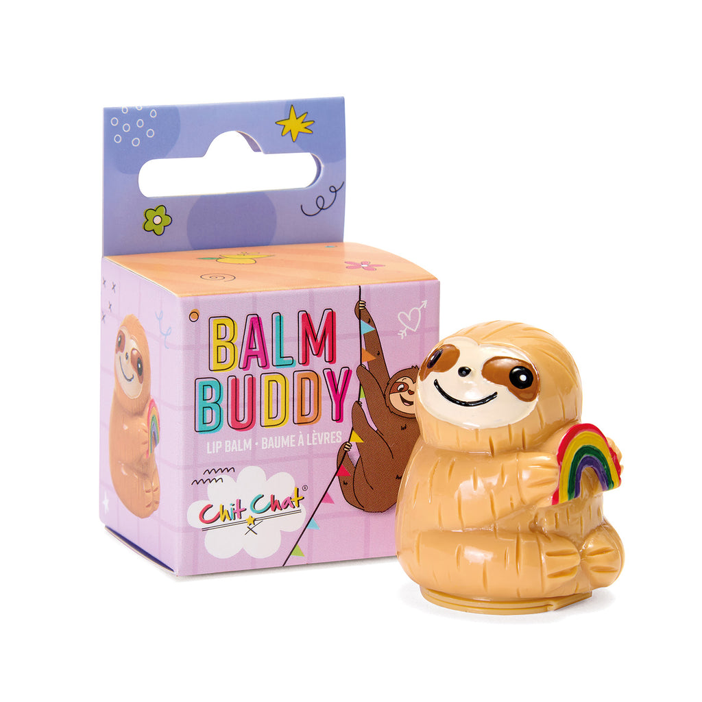 Balm Buddy sloth-shaped product with packaging on a white background