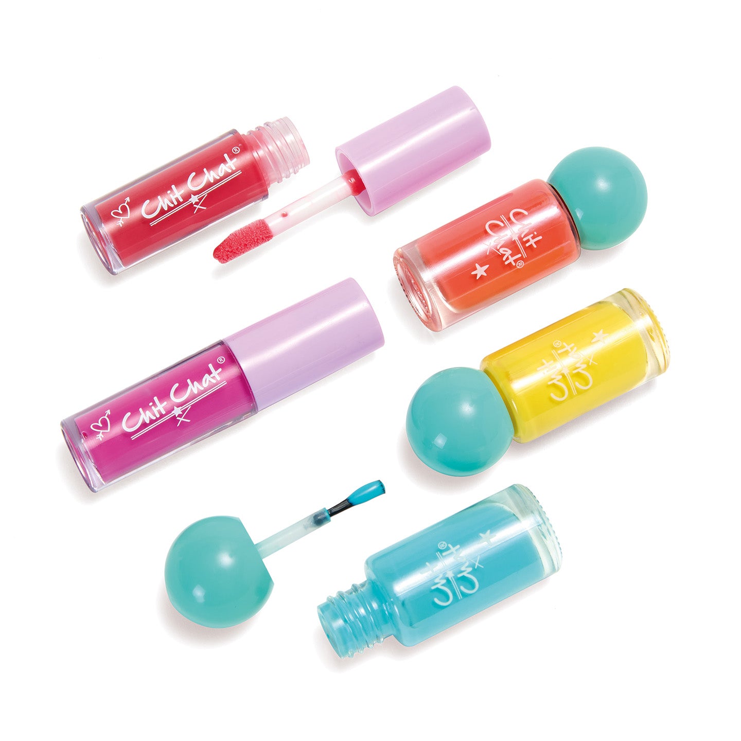 Set of colorful lip glosses with visible brand name on a white background
