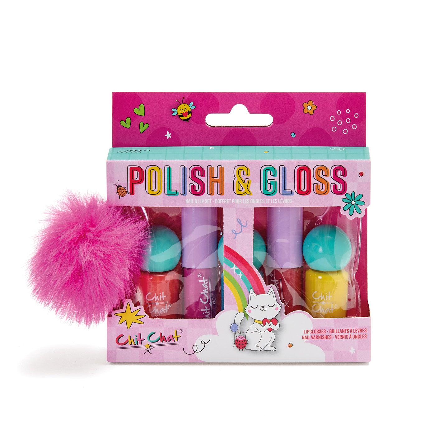 Chit Chat Polish & Gloss set packaging with colorful nail polishes and a fluffy pink brush on a white background.