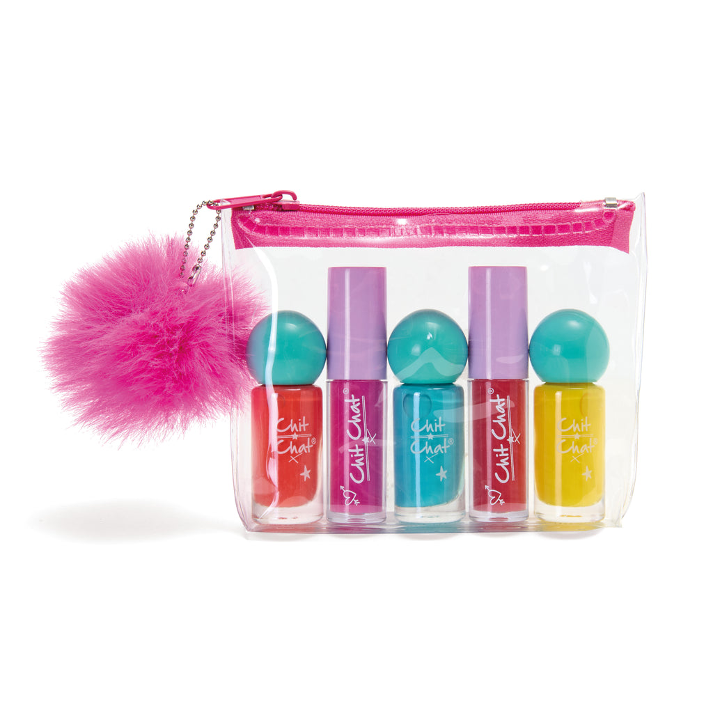 Set of nail polish bottles with a clear pouch and pink fluffy keychain on a white background