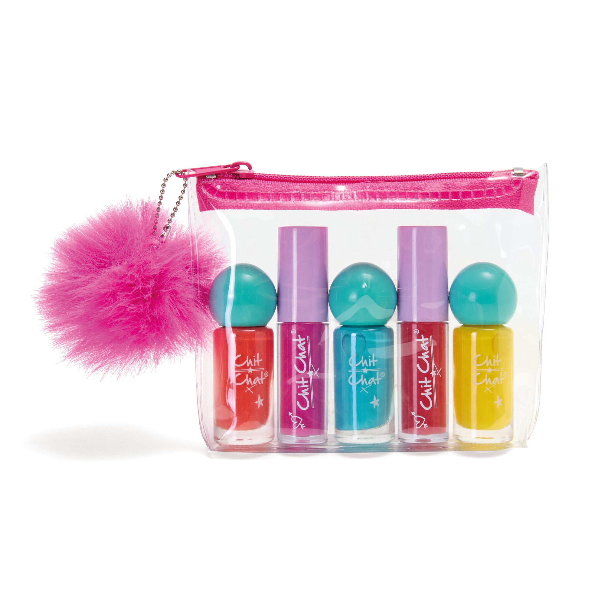 Set of nail polish bottles with a clear pouch and pink fluffy keychain on a white background