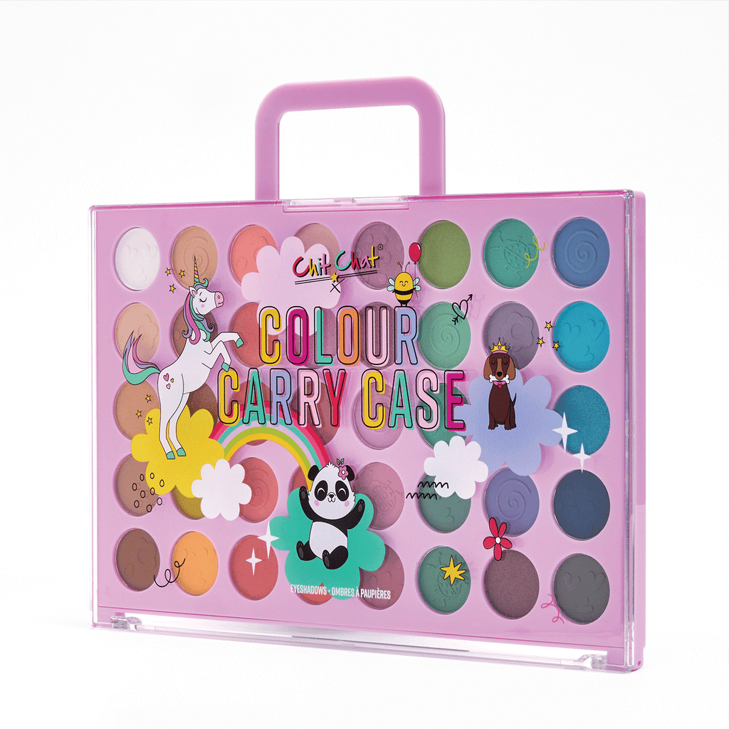 Pink 'Colour Carry Case' with colourful designs and characters on a white background