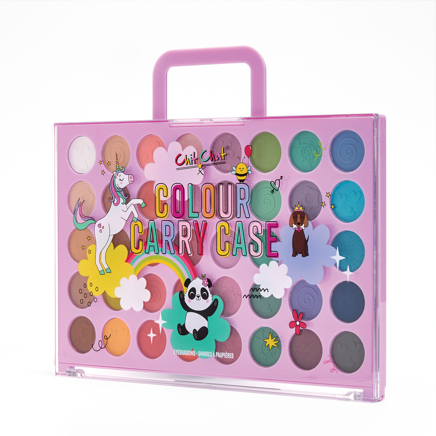 Pink 'Colour Carry Case' with colourful designs and characters on a white background