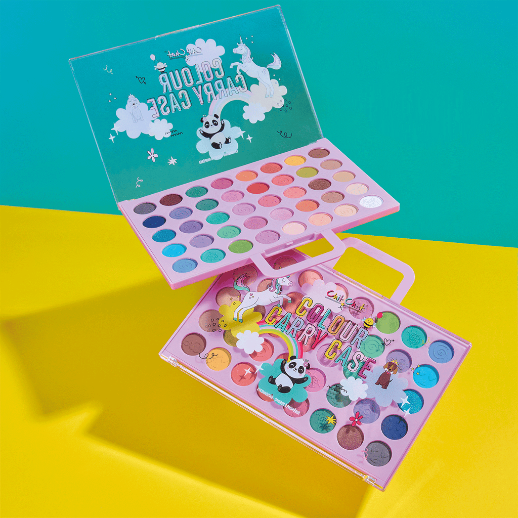 Colourful makeup palette with cartoon designs on a yellow and blue background
