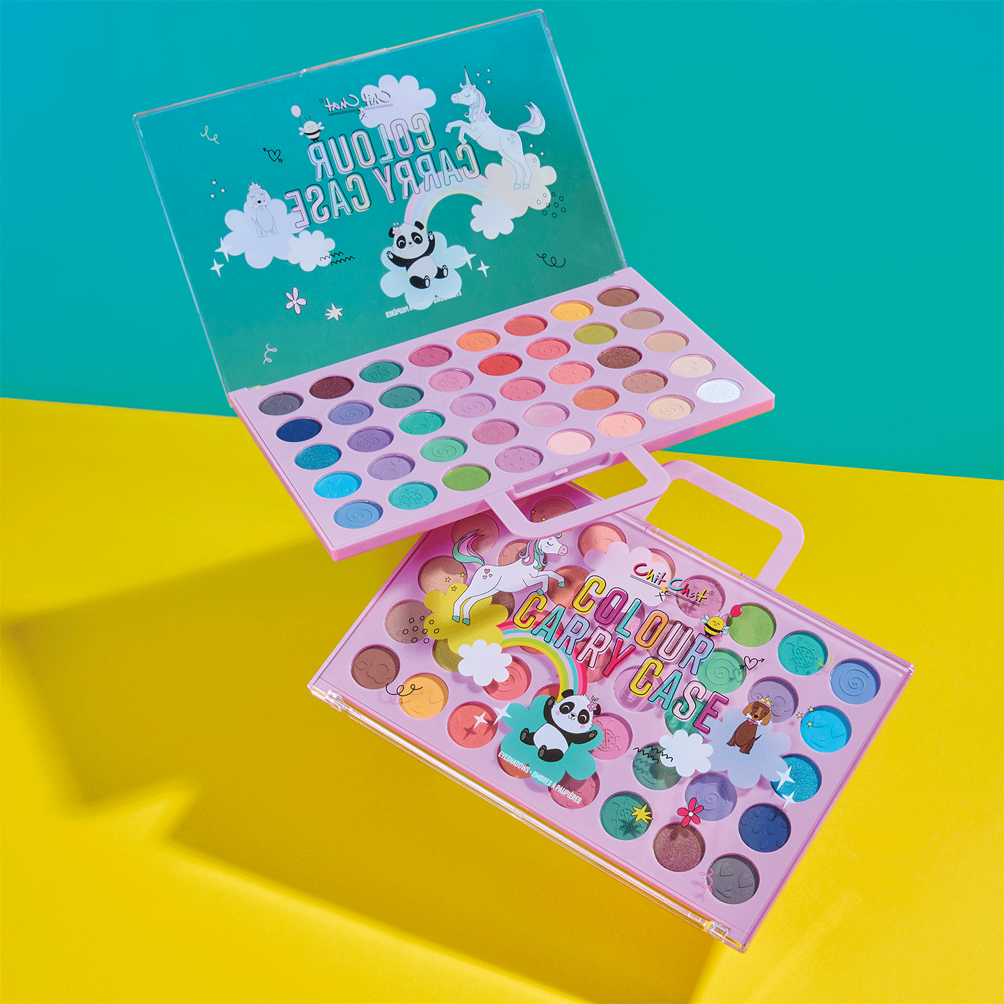 Colourful makeup palette with cartoon designs on a yellow and blue background