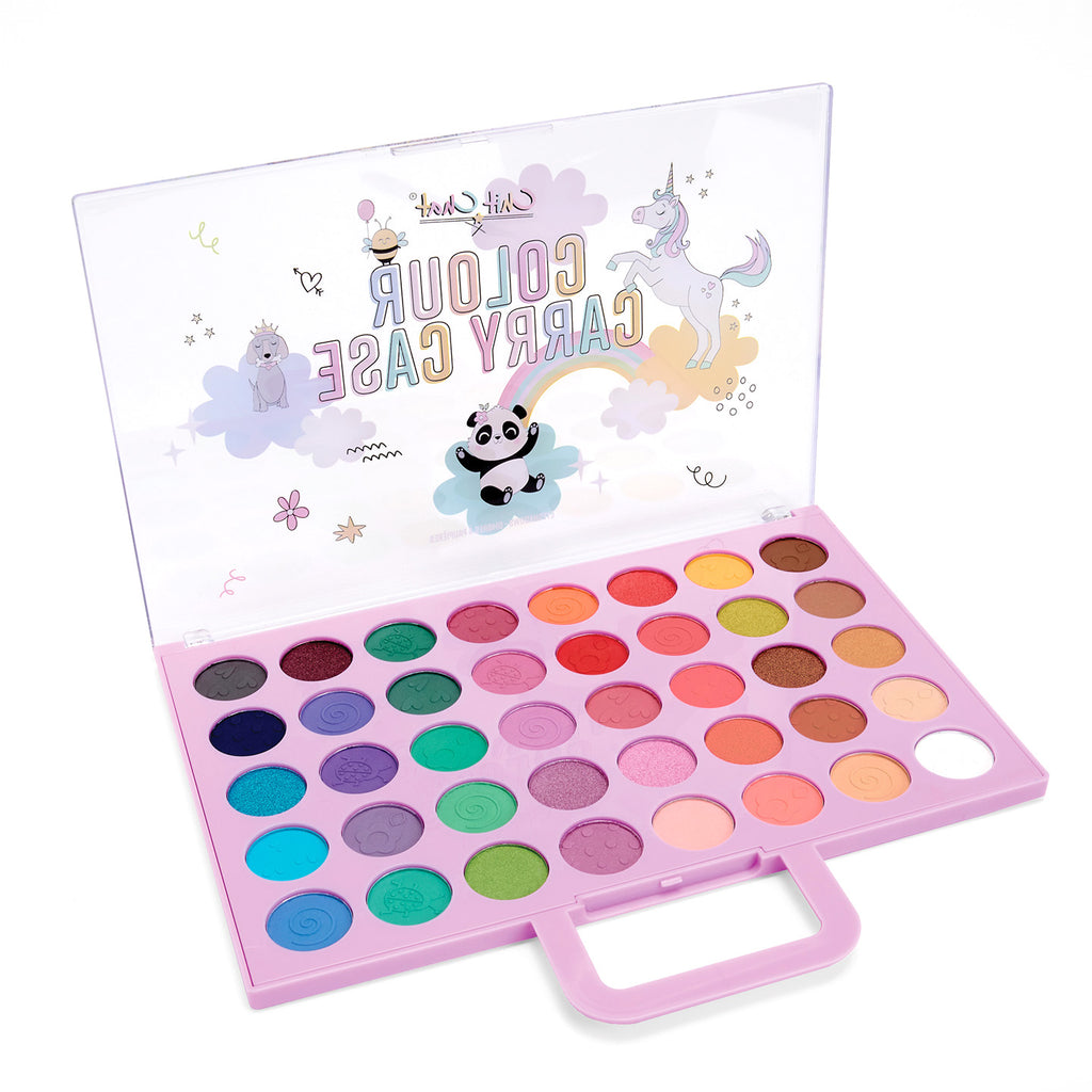 Makeup palette with colourful shades in a pink carrying case on a white background