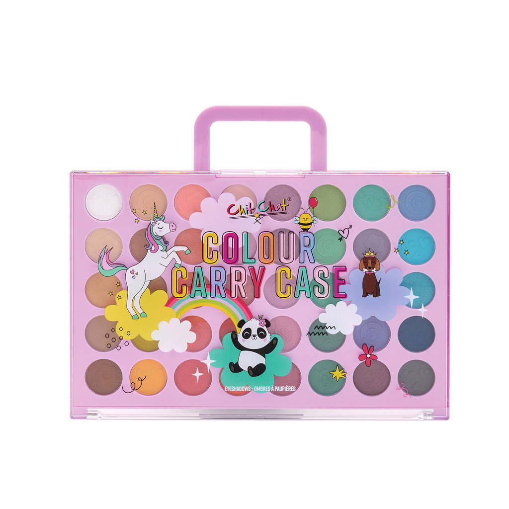 Pink 'Colour Carry Case' with colourful designs and vibrant branding on a white background.