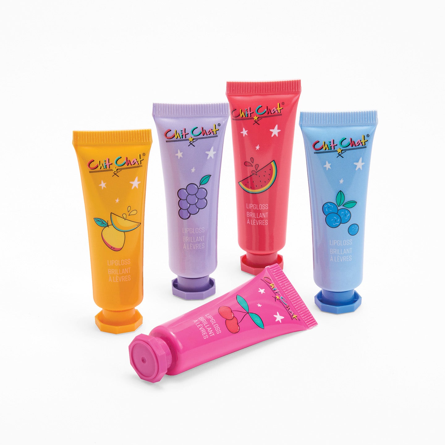 Five colourful lip balm tubes with fruit-themed designs on a white background