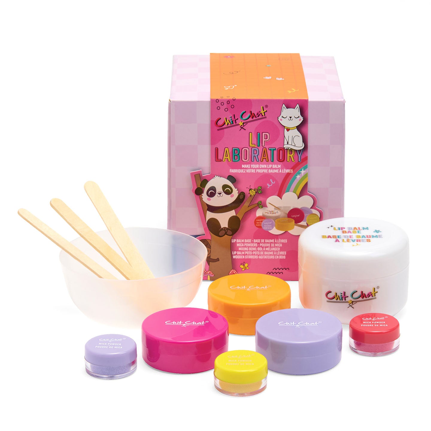 Lip laboratory kit with various containers and a box on a white background