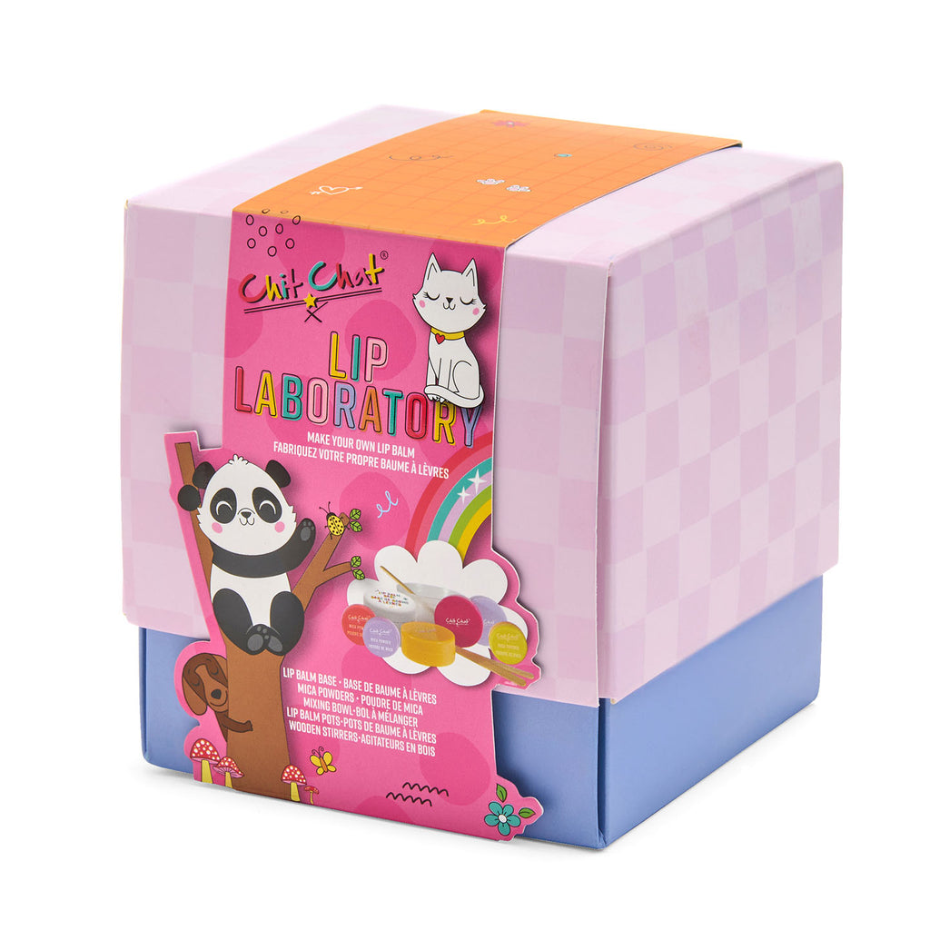 Colourful packaging of Chit Chat Lip Laboratory with cartoon characters on a white background