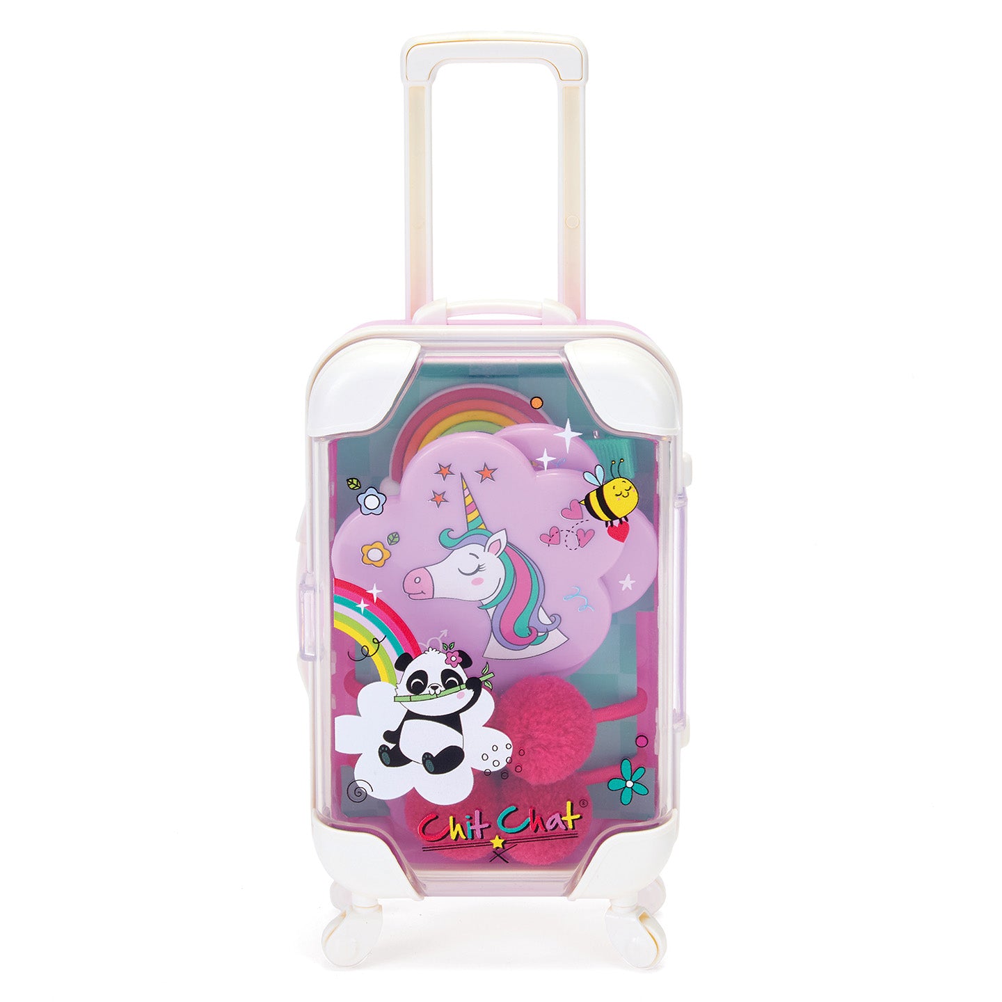 Children's suitcase with cartoon designs on a white background