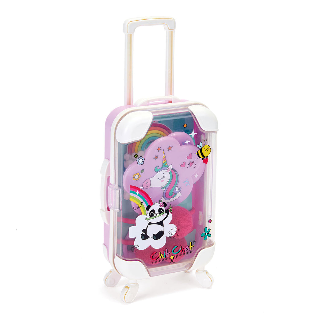 Children's suitcase with cartoon designs on a white background