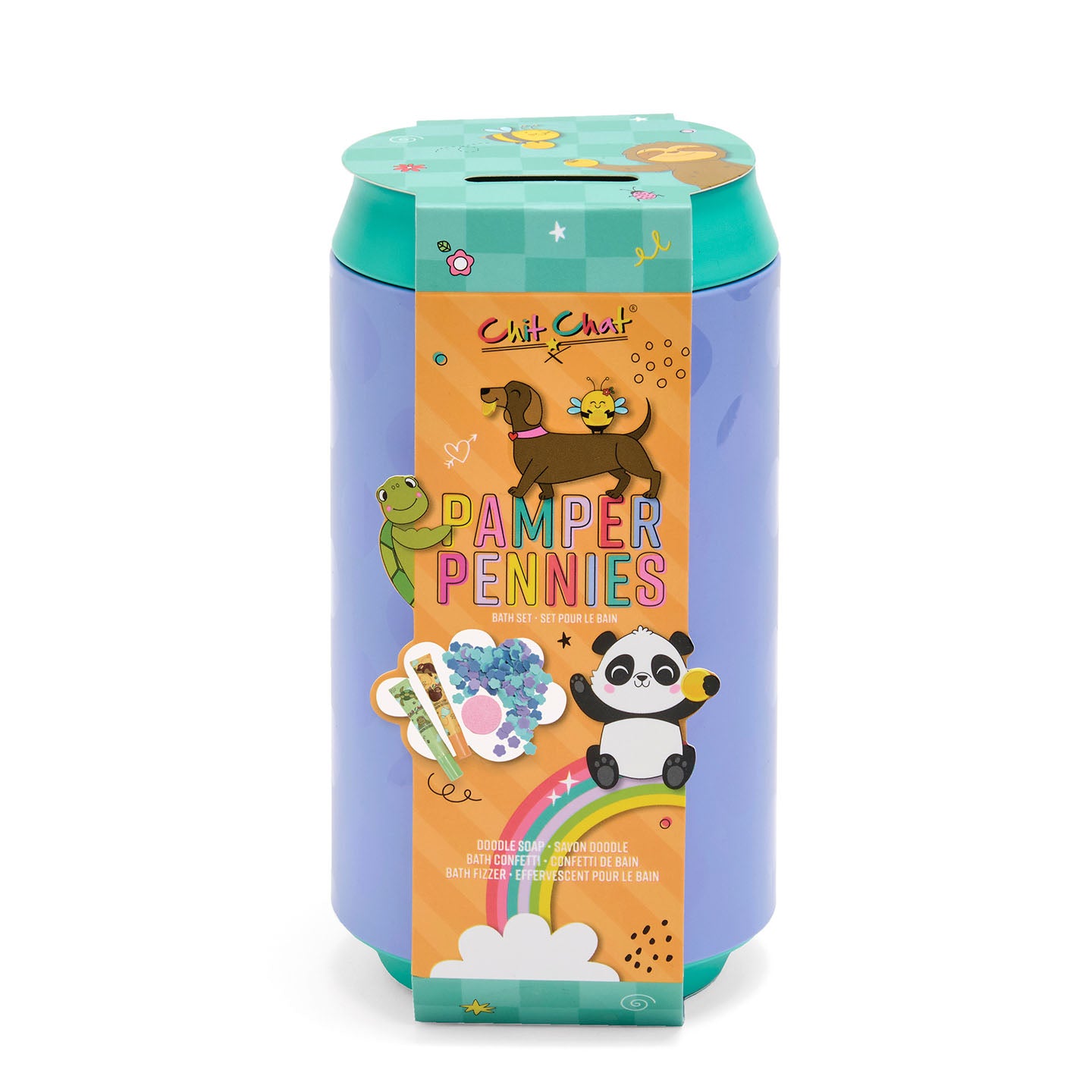 Colourful children's piggy bank with cartoon characters on a white background