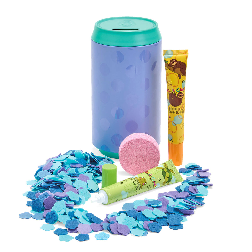 Colourful bath product set with a CAN SHAPED MONEY BOX, BATH FIZZER, and confetti on a white background