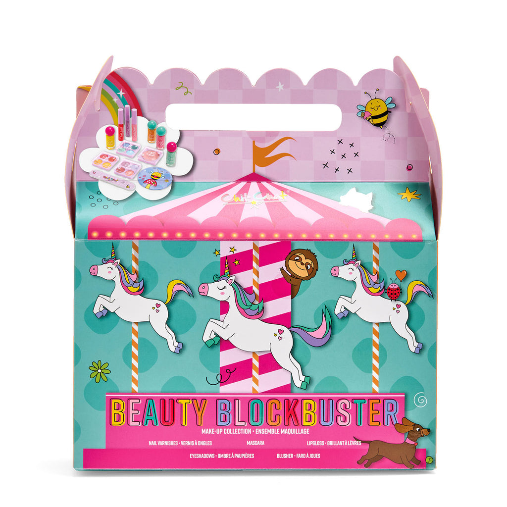 Make-up collection packaging with carousel design and 'Beauty Blockbuster' text