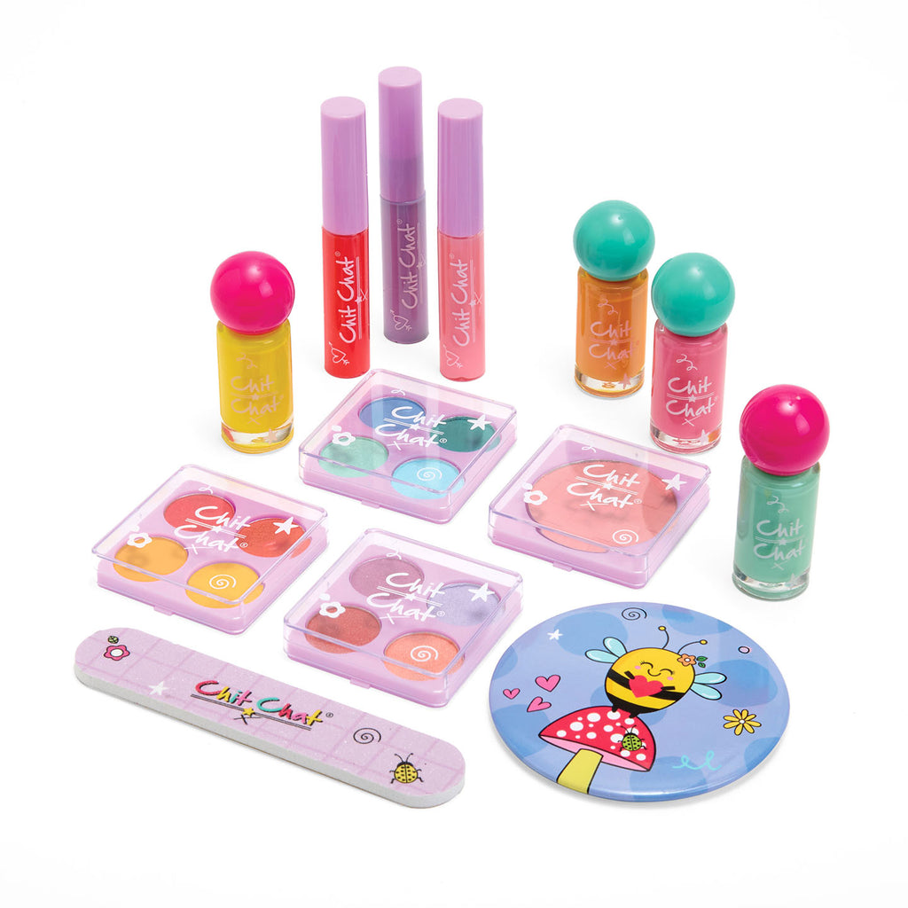 Set of colourful children's makeup products with 'Chit & Chit' branding on a white background.
