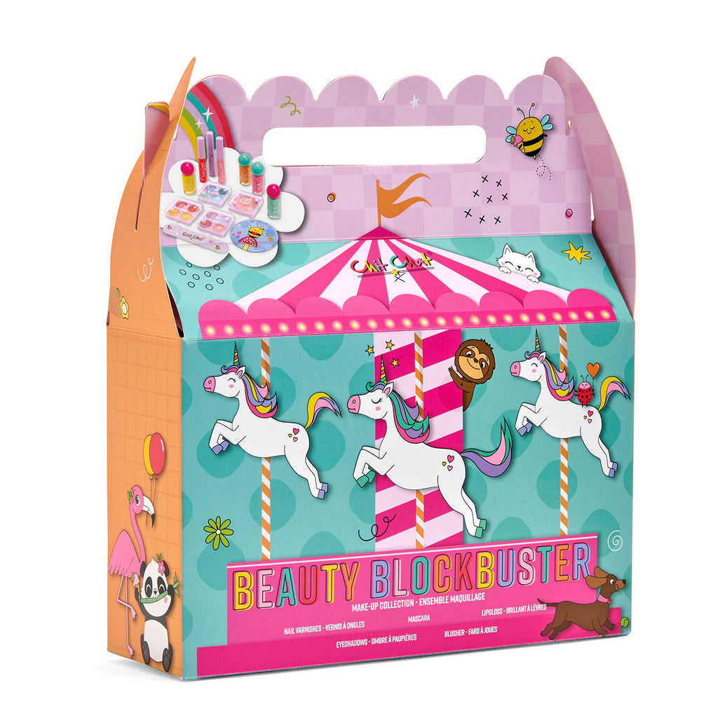 Children's beauty product set packaging with carousel design and colorful elements.