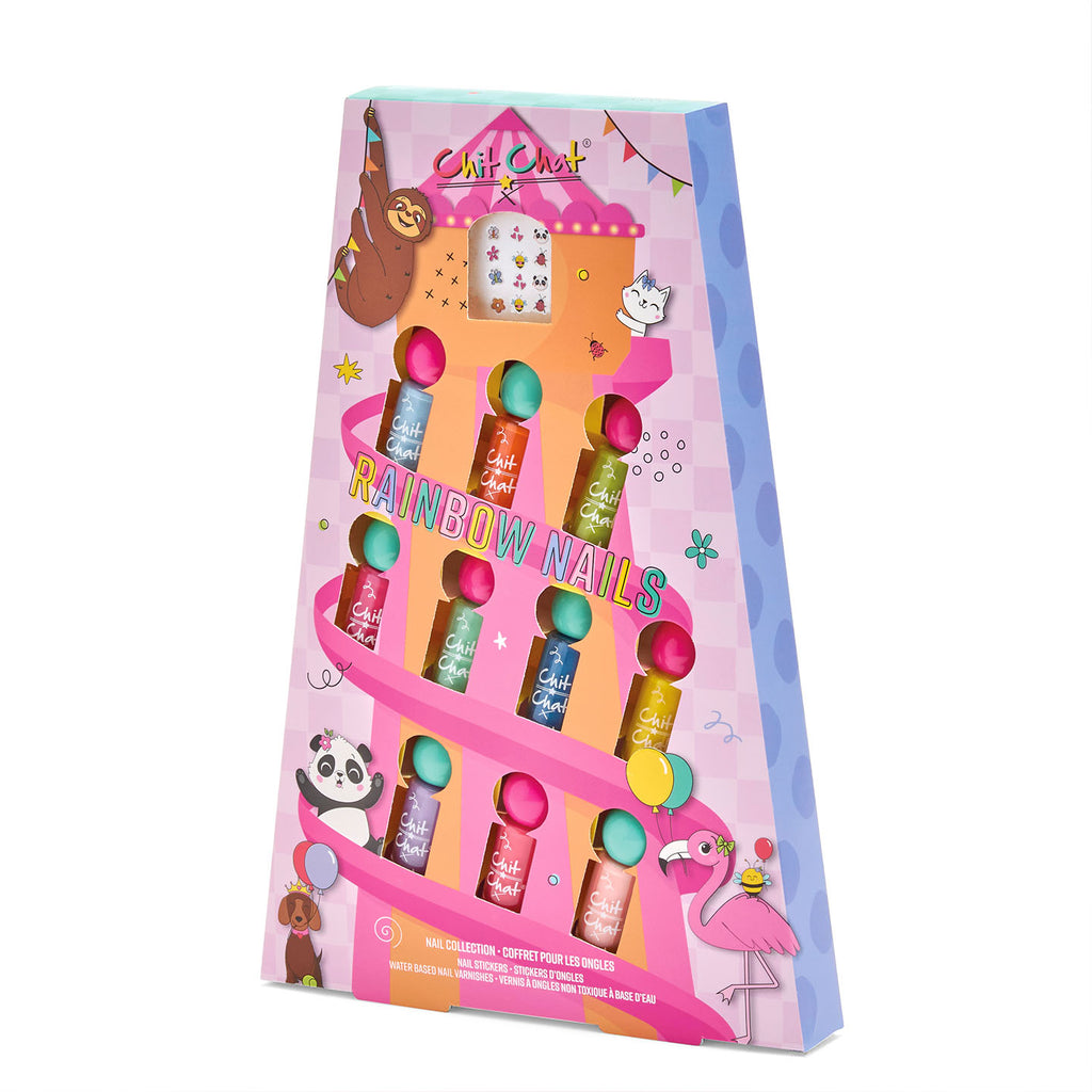 Packaged nail polish set with colourful design on a white background