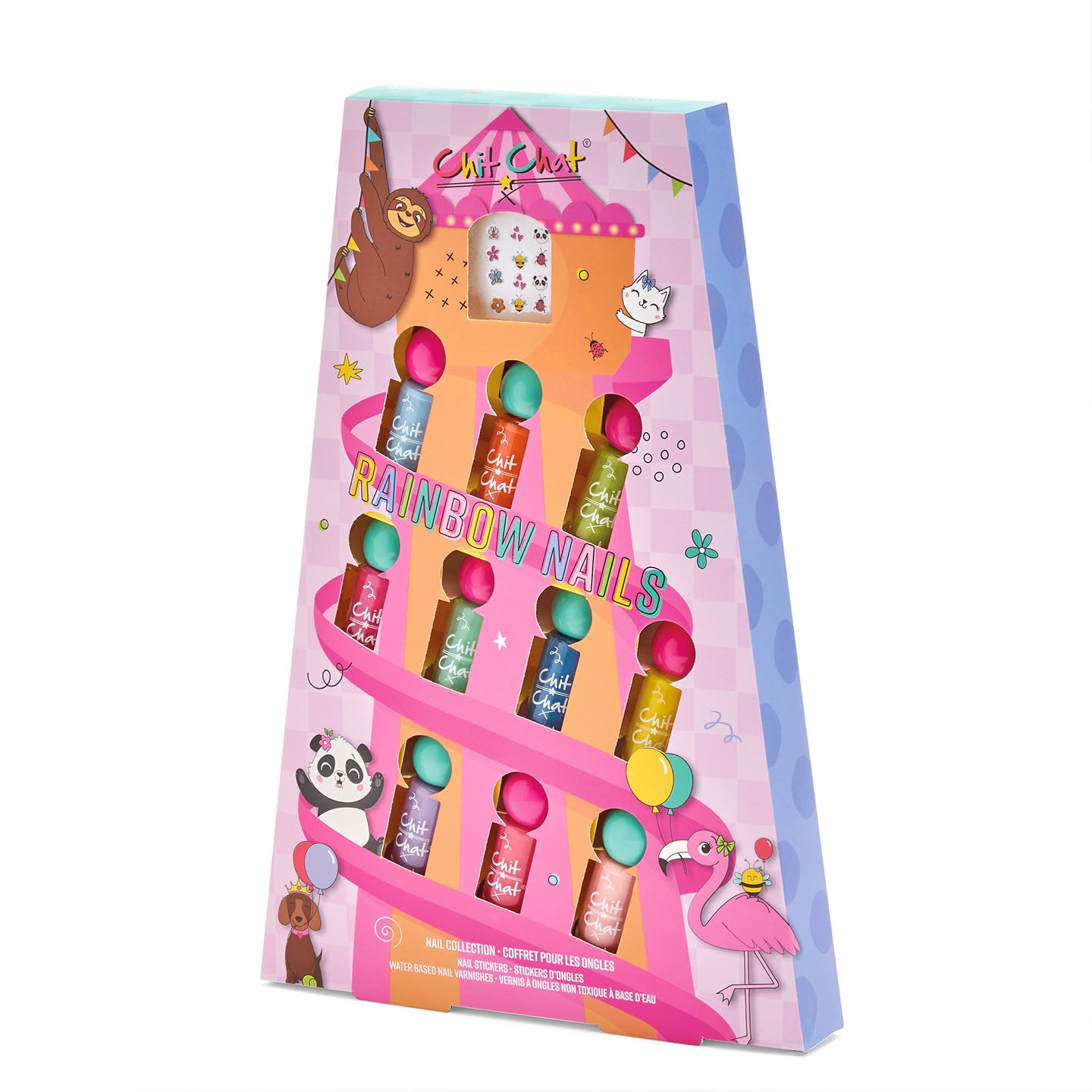 Packaged nail polish set with colourful design on a white background