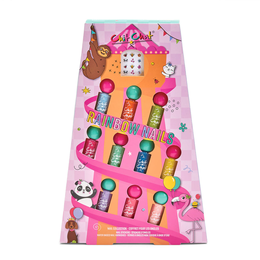 Chic Chat nail polish set packaging with colourful bottles and cartoon characters on a pink background