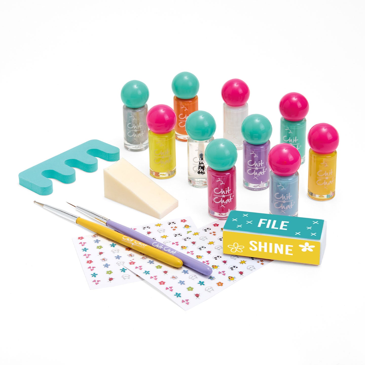 Set of nail polish bottles with colourful caps, a file, and tools on a white background.