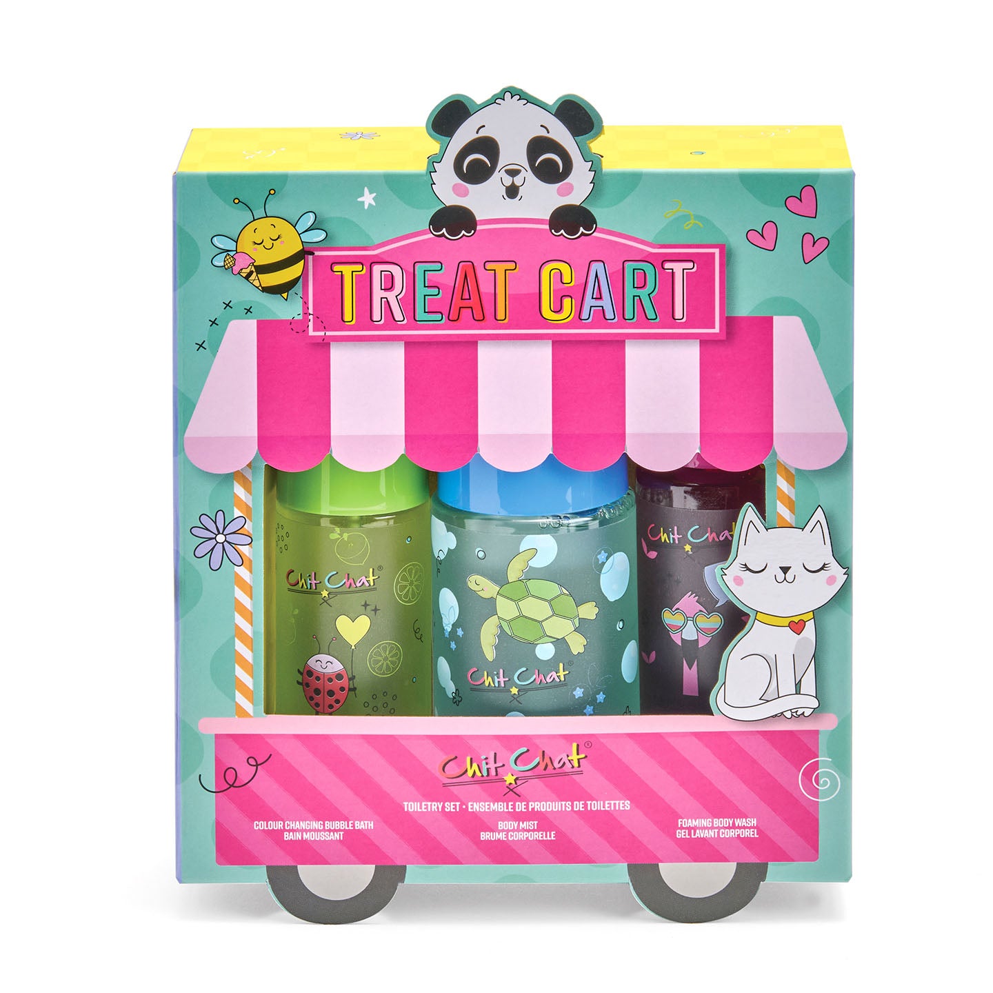 Packaging of Chlt Chat treat cart with colourful bottles and cartoon characters on a white background