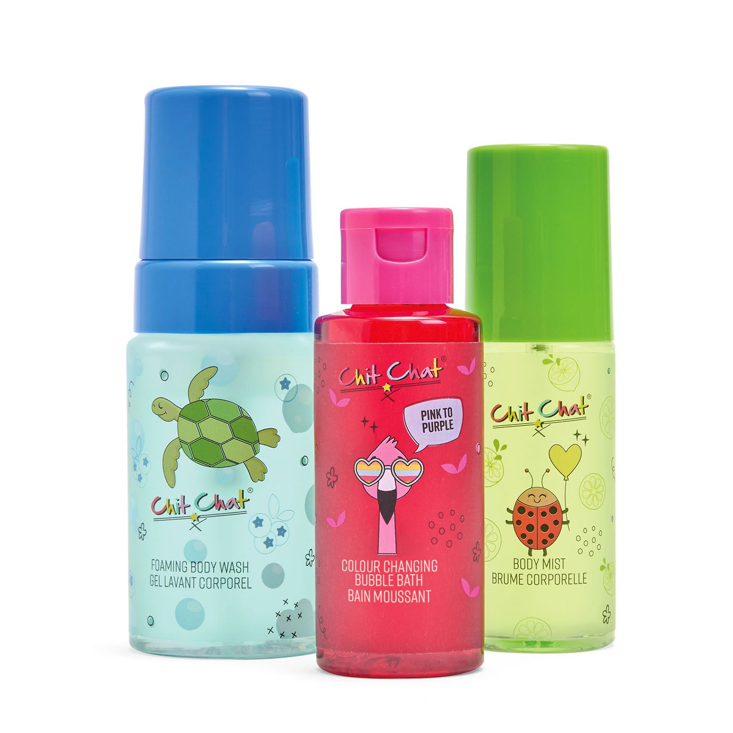 Three colourful bottles of Chit Chat products on a white background