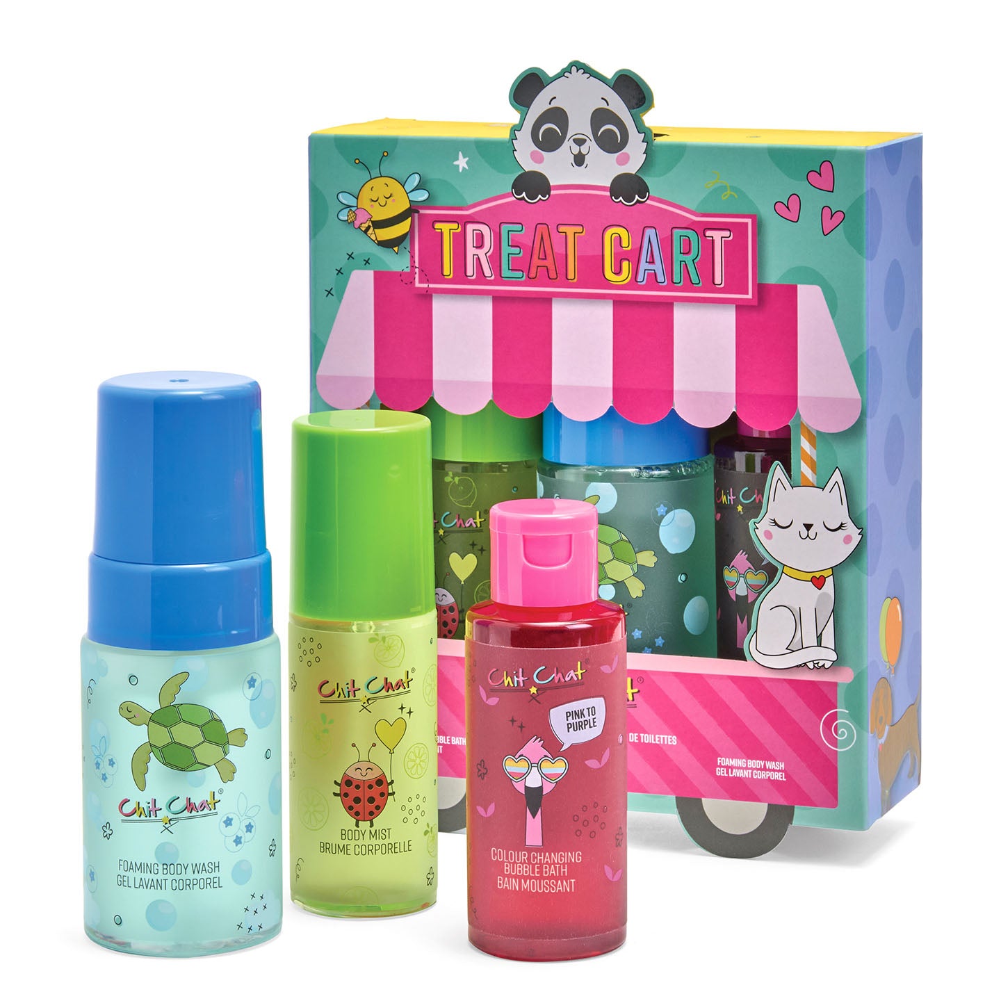 Three colourful bottles with animal-themed designs in front of a 'Treat Cart' box.