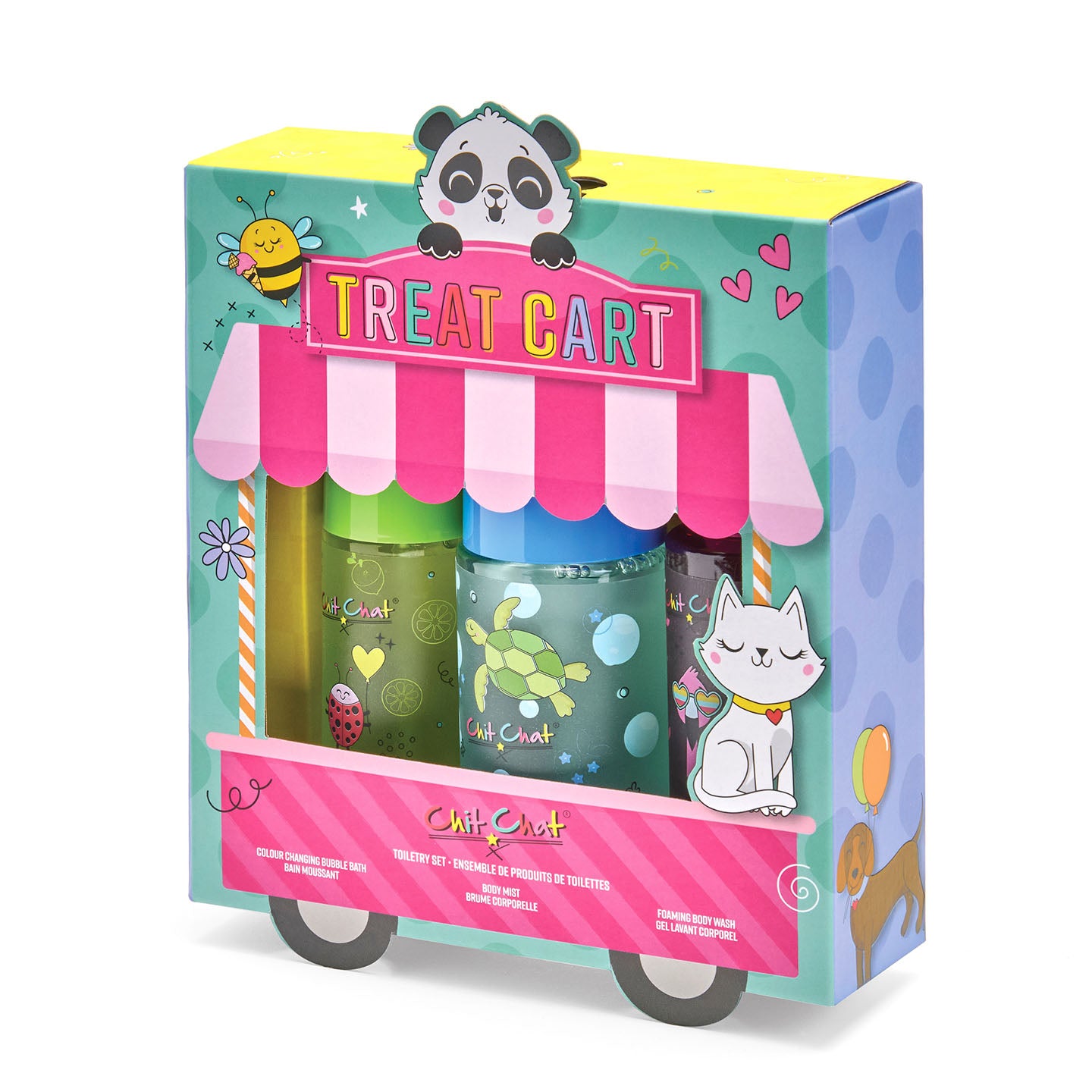 Treat Cart packaging with colourful bottles and cartoon characters on a white background