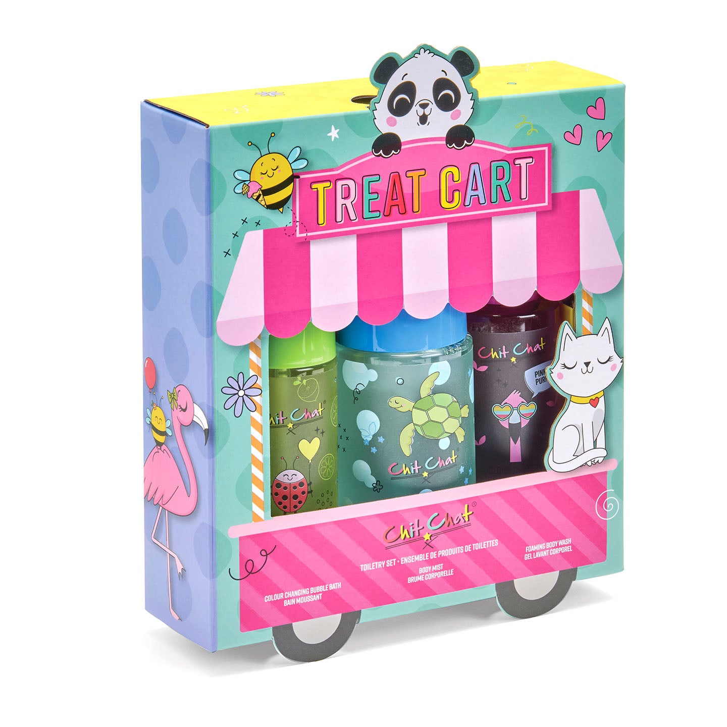 Treat Cart packaging with colorful design and cartoon characters on a white background