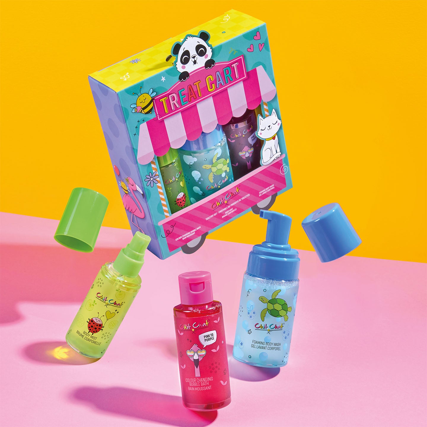 Cartoon treat cart with bath products on a pink and yellow background