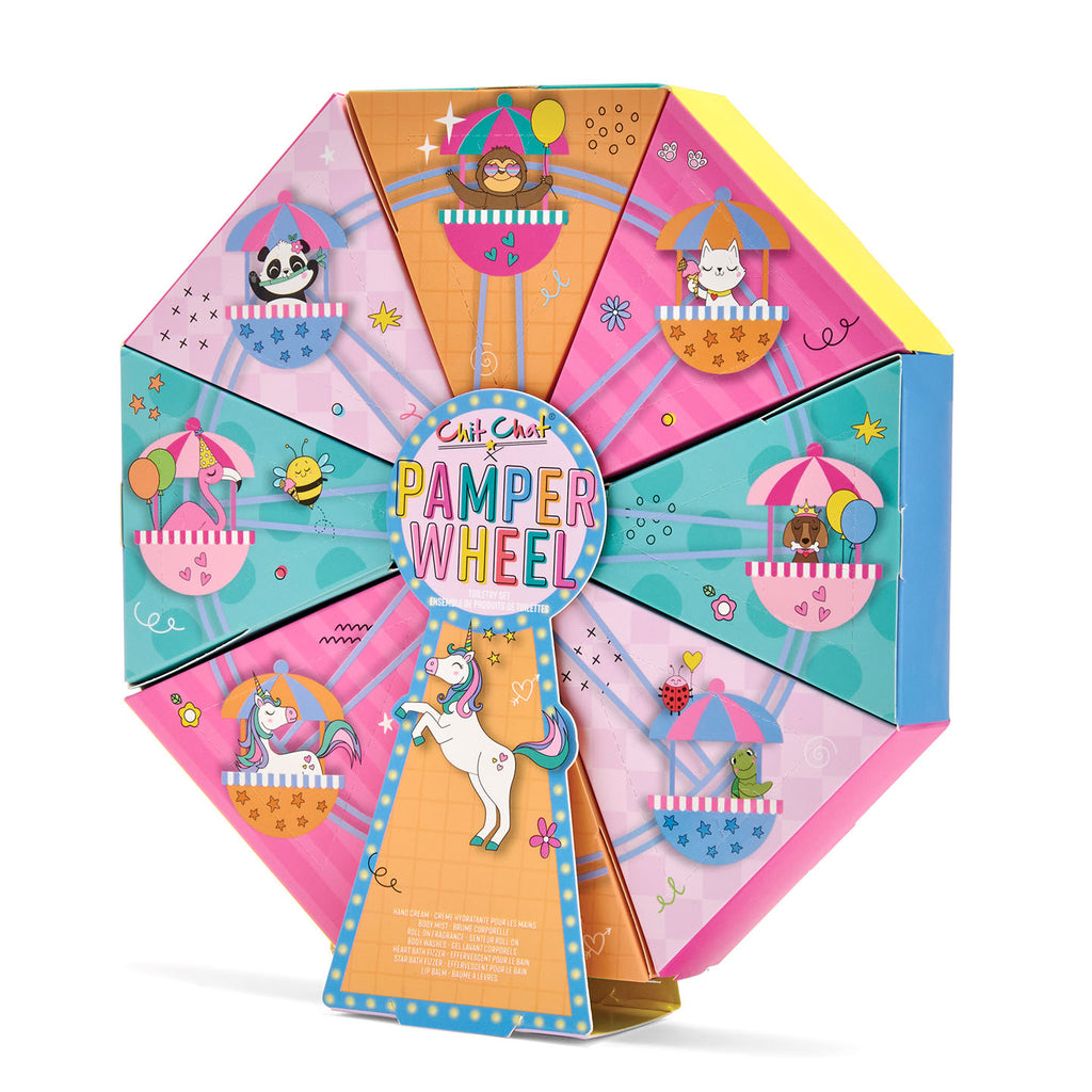 Colorful Pamper Wheel with cartoon characters on a white background