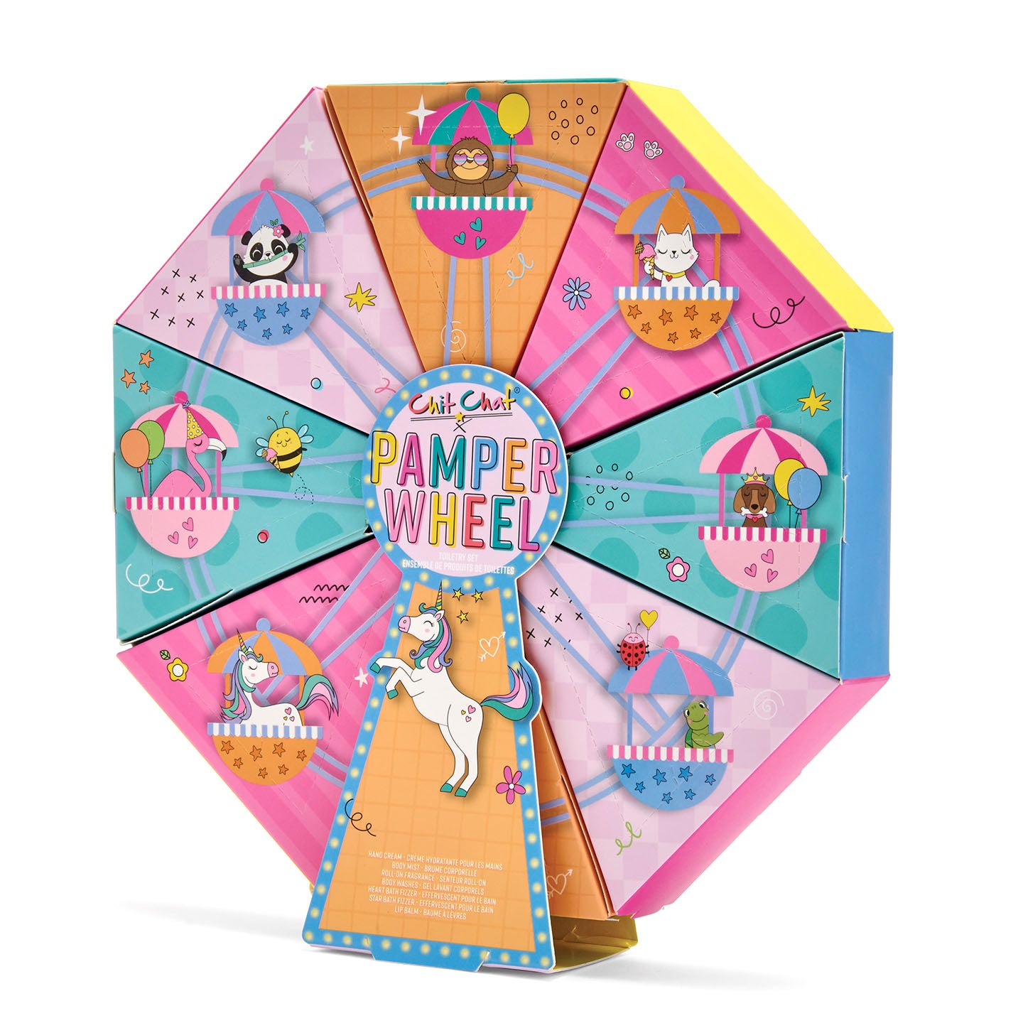 Colorful Pamper Wheel with cartoon characters on a white background