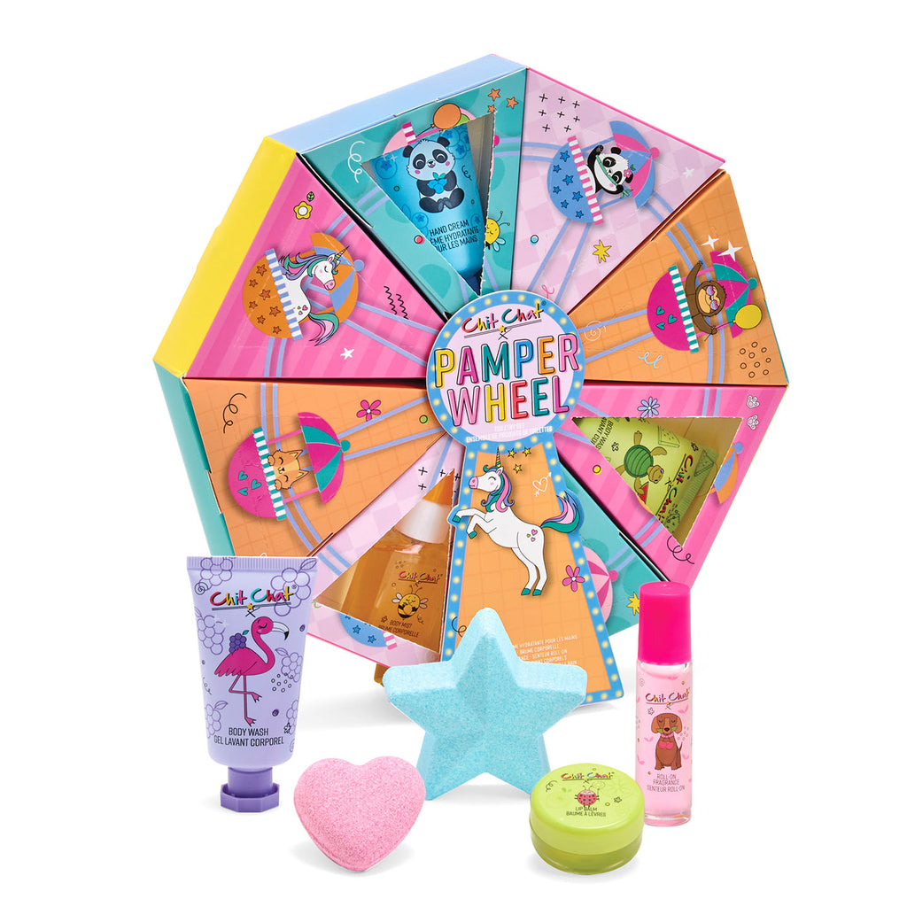 Colorful 'Pamper Wheel' product set with various items on a white background