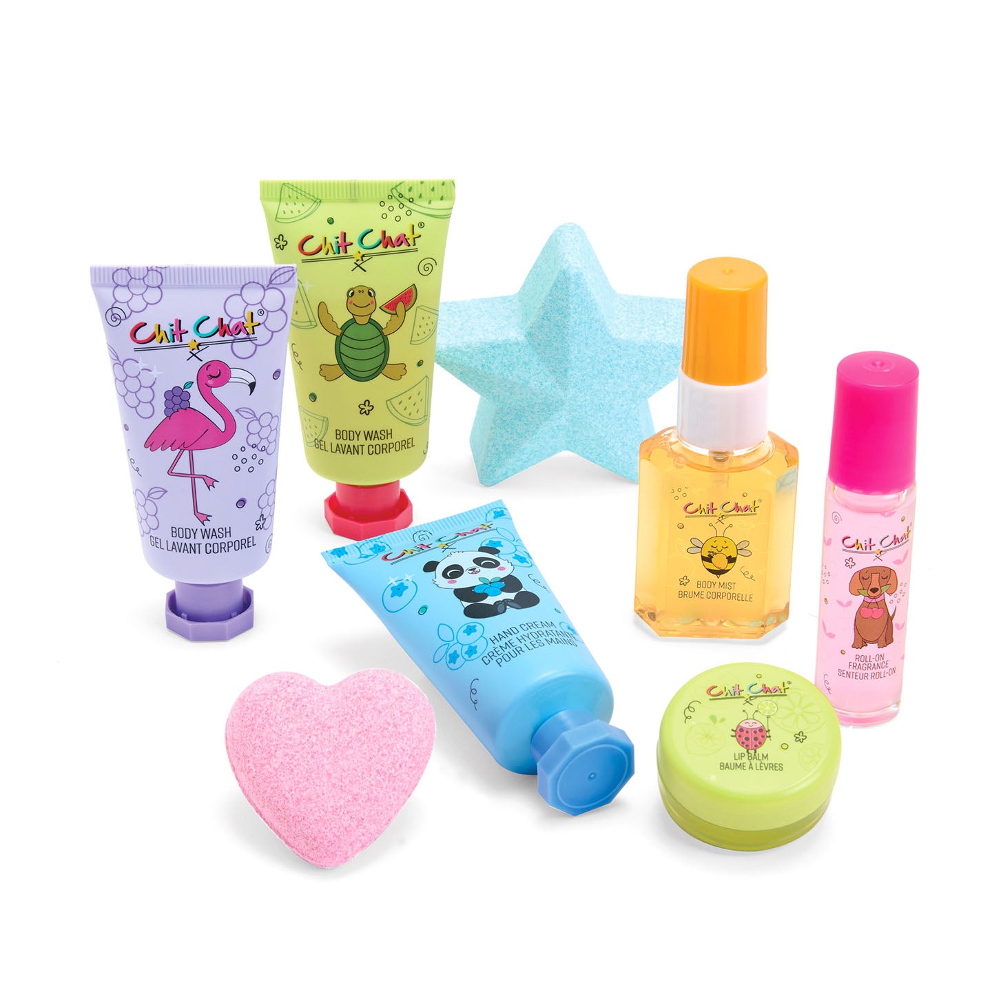 Collection of colourful children's bath products on a white background