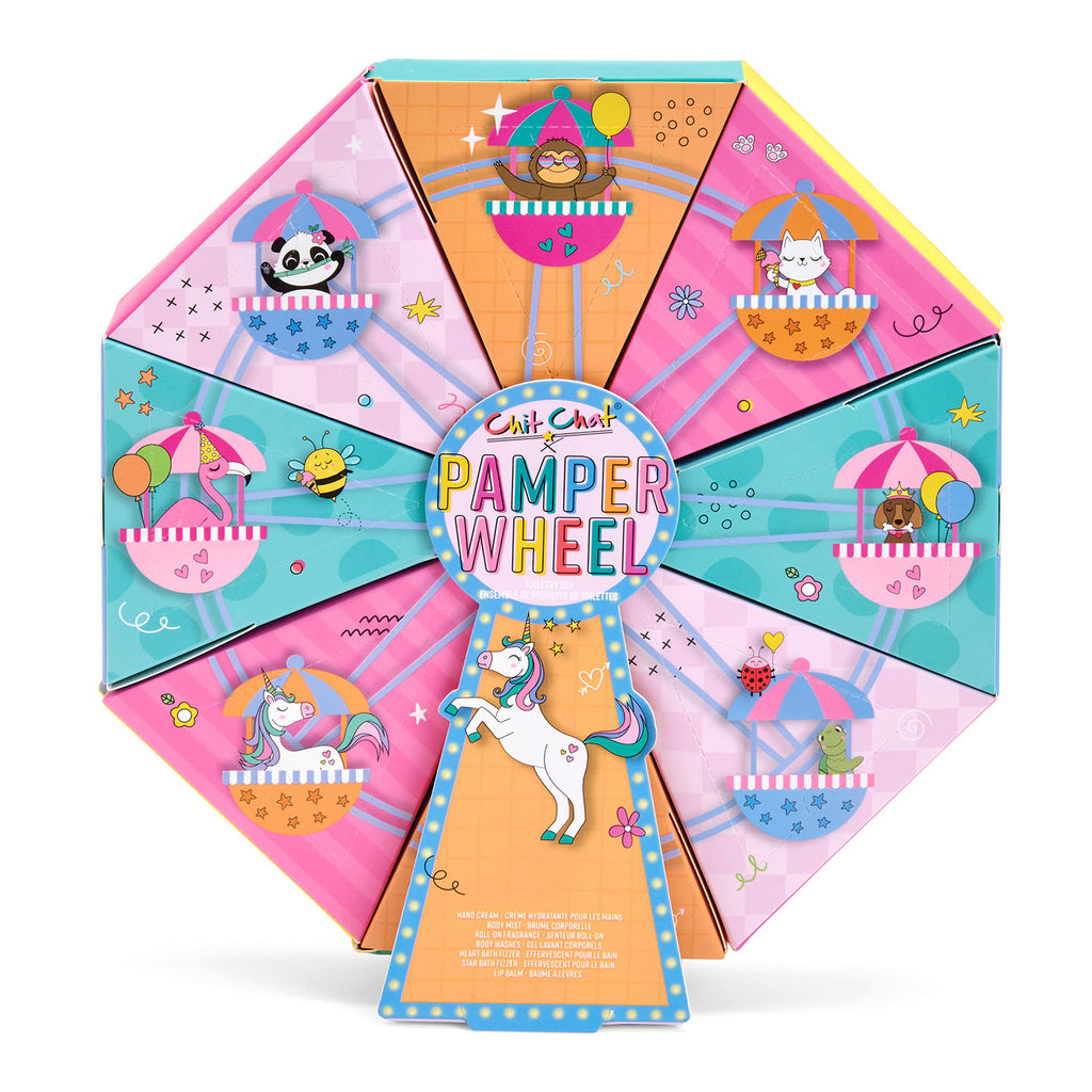 Colourful 'Pamper Wheel' product with cartoon characters on a white background
