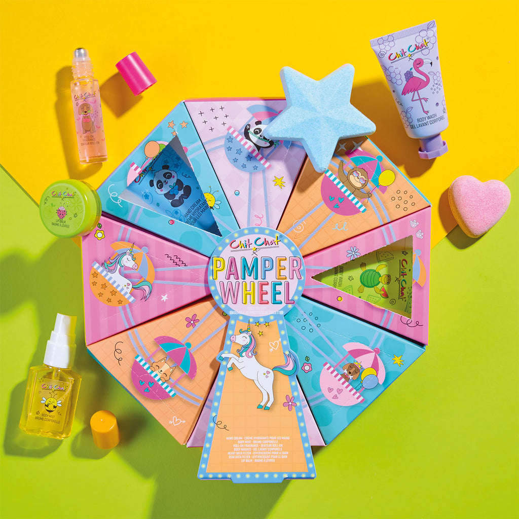 Colorful 'Pamper Wheel' product set with various items on a yellow and green background