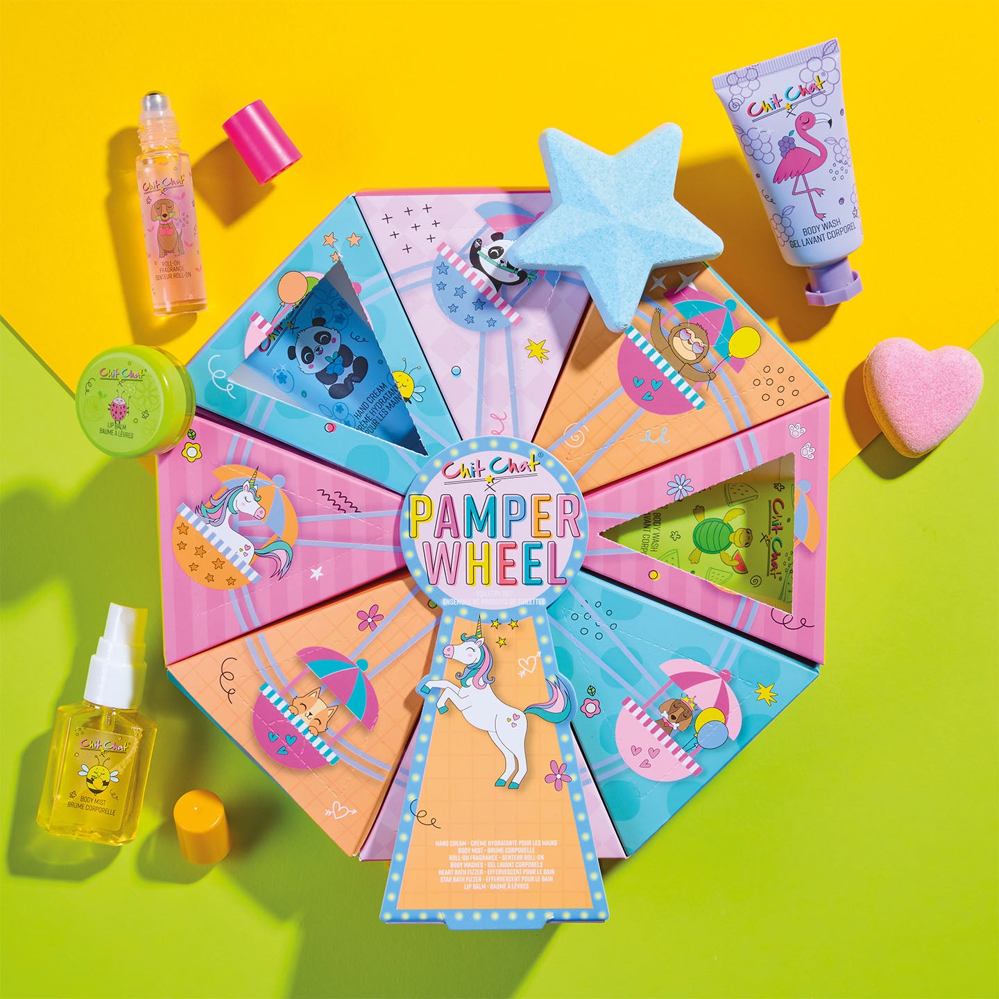 Colorful 'Pamper Wheel' product set with various items on a yellow and green background
