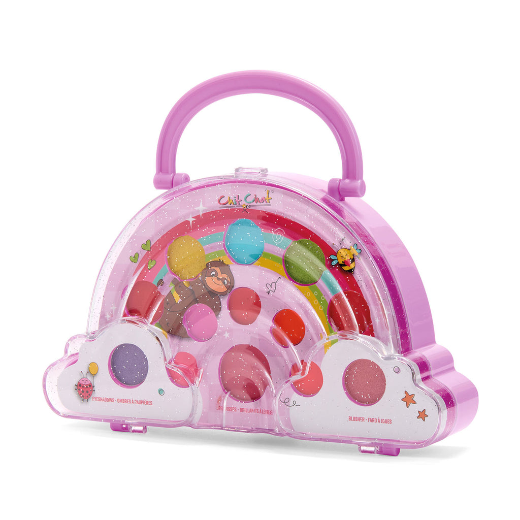 Pink toy makeup set with rainbow design on a white background