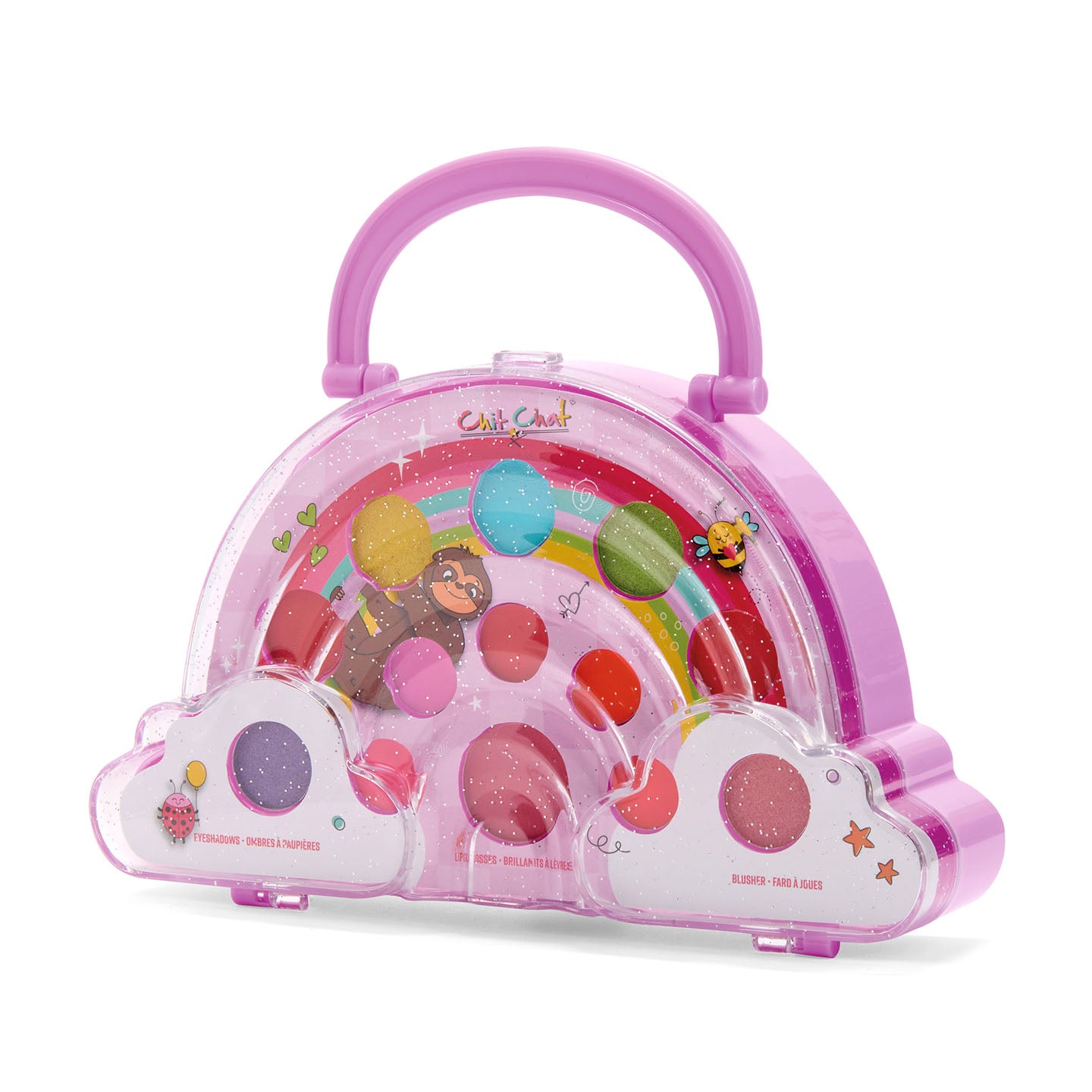Pink toy makeup set with rainbow design on a white background