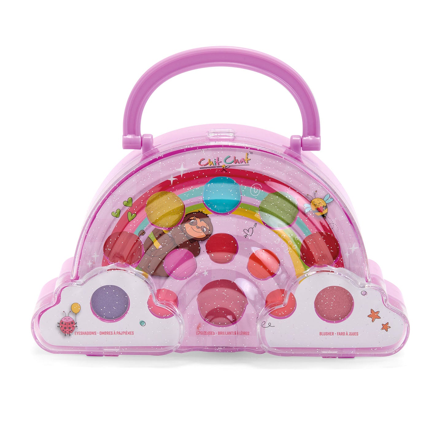 Rainbow shaped makeup case with a colourful palette and a handle on a white background