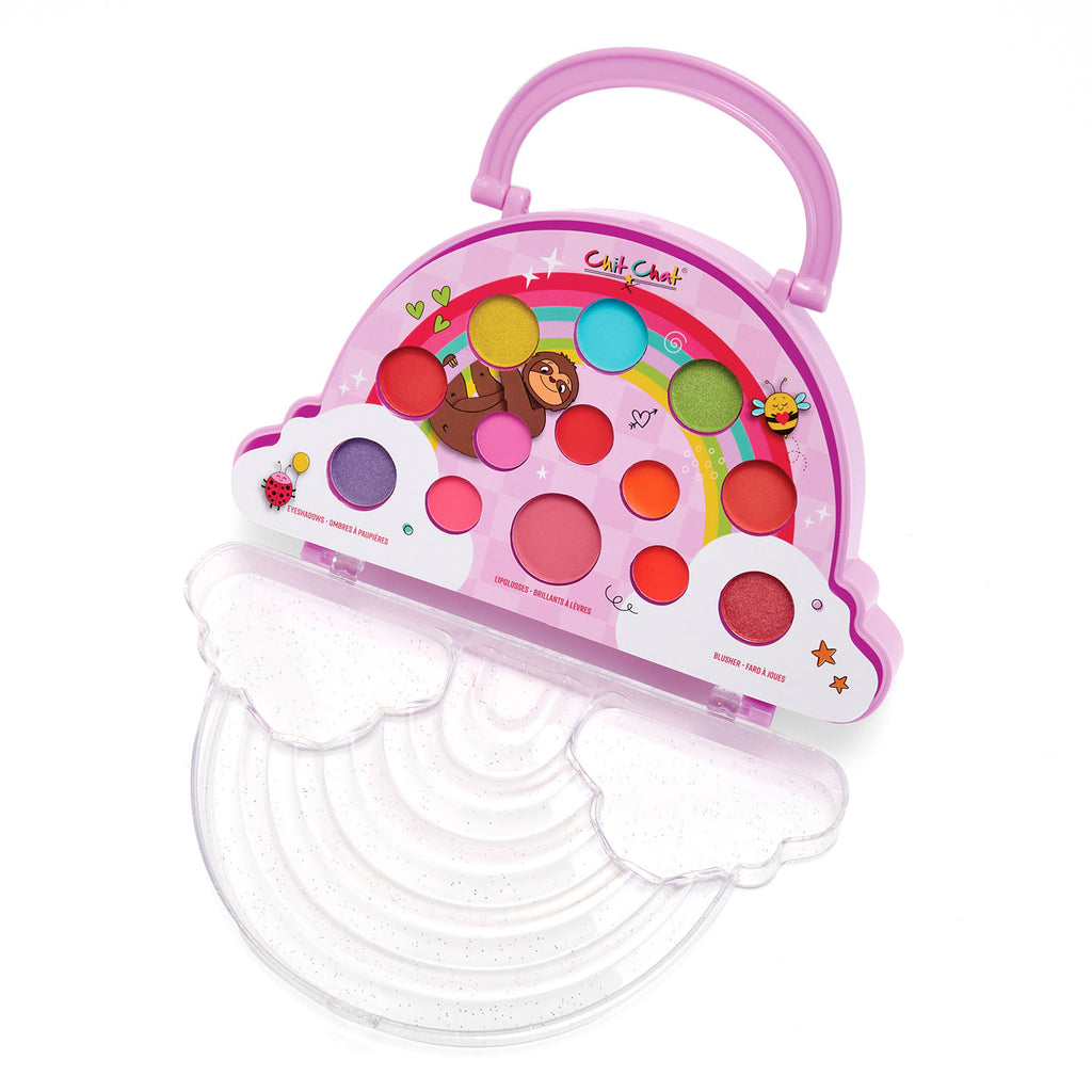 Colourful makeup set for children with a pink rainbow shaped case on a white background