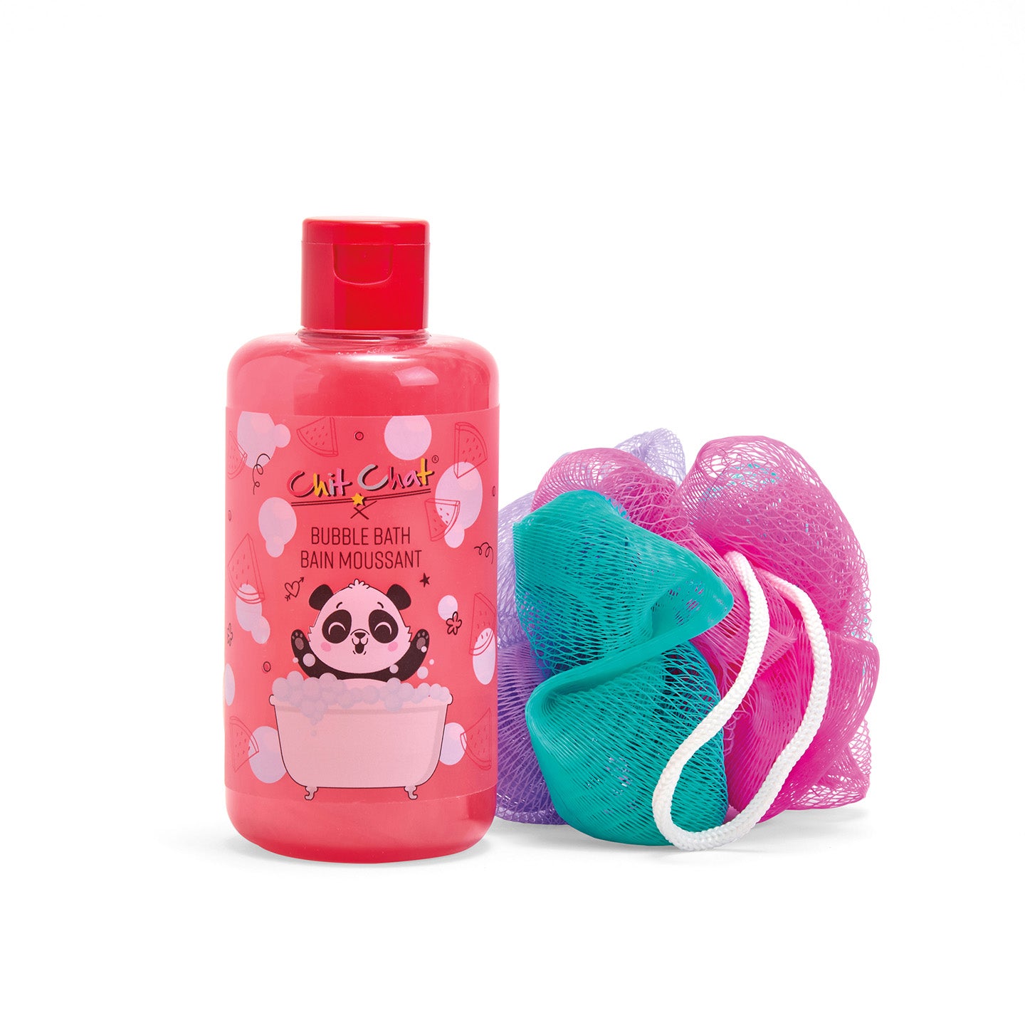 Pinky red bubble bath bottle with panda design and a multi-coloured loofah on a white background